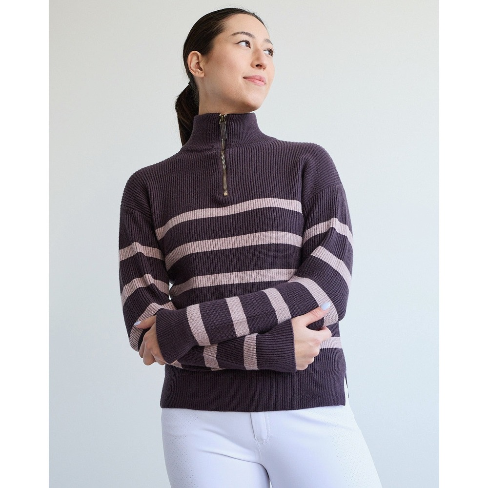 70 DEGREES | Fence Line Sweater Women Large Chocolate Tan Striped Quarter Zip